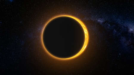 Full solar eclipse. The Moon mostly covers the visible Sun creating a gold diamond ring effect. Abstract scientific background. High detail 3D Render.の写真素材
