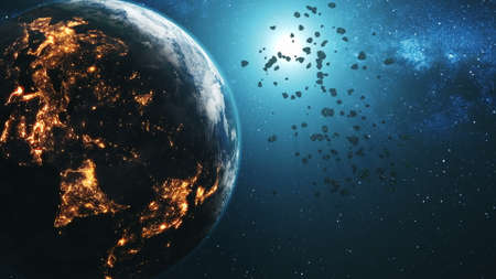 Magnetic space rocks approach planet Earth illuminated by Sun against blue star light. 3d rende animation. Science and technology concept.の写真素材