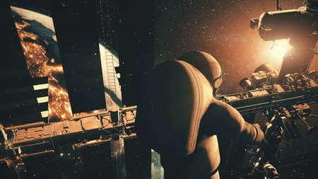 Astronaut rotates against International Space Station panels reflecting Earth against Sun. 3d render animation. Science and technology concept.の写真素材