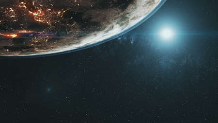 Illuminated planet Earth continents with white halo in outer space against bright colour Sun. 3d render animation. Science and technology concept.の写真素材