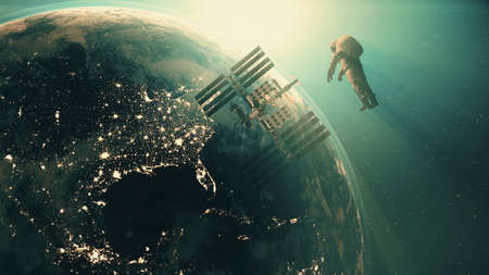 Cosmonaut flies to modern International Space Station with solar panels under blue light. 3d render animation.の写真素材