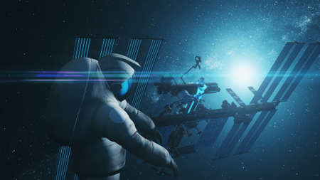 Spaceman in spacesuit flies at blue and black International Space Station lit by starlight. 3d render animation. Science and technology concept.の写真素材