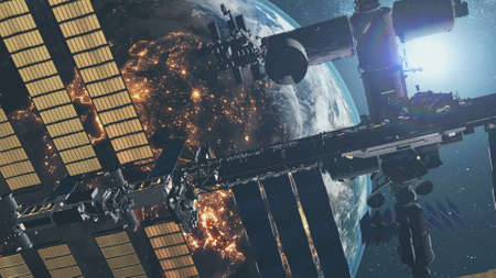 International Space Station with solar charging panels flies in outer space against starlight. 3d render animation. Science and technology concept.の写真素材