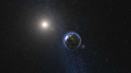 Sunrise view on Planet Earth and Moon satellite rotating and spinning in open space. Cities Lights at Night. Looped animation. High detail 3D Renderの写真素材