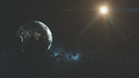 Spin Planet Earth Starry Galaxy Sunlight Glow. Majestic Dusk Open Cosmos Moon Orbit Space Navigation Travel Universe Exploration Concept 3D Animationの写真素材