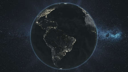 Earth Night Orbit Rotate Planet Star Background. Epic Space Globe Surface Constellation Cosmos Navigation Travel Universe Exploration Concept 3D Animationの写真素材