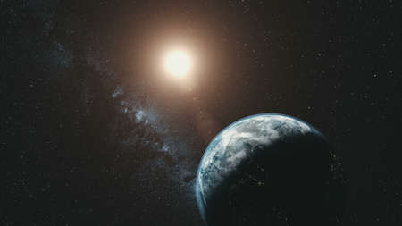 Earth Orbit Rotation Sun Beam Milky Way Background. Dark Outer Space Starry Galaxy Cosmos Constellation Travel Universe Exploration Concept 3D Animationの写真素材