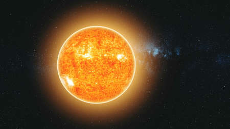 Sun Lit Earth Fast Motion Reduce Sight Zoom Out. Flare Sunlight Planet Starry Galaxy Deep Outer Space Navigation. Universe Exploration Concept 3D Animationの写真素材