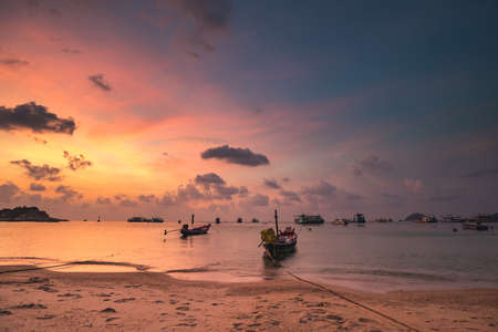 Sunrise Bottle Beach on Phangan Island Thailand Nature Coastline. Asian Exotic Tourist Seashore City, Jungle Forest and Climbs. Wonderful View from Hill on Sea. Bright Panoramic Photographyの写真素材