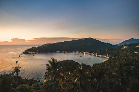 Sunrise Bottle Beach on Phangan Island Thailand Nature Coastline. Asian Exotic Tourist Seashore City, Jungle Forest and Climbs. Wonderful View from Hill on Sea. Bright Panoramic Photographyの写真素材