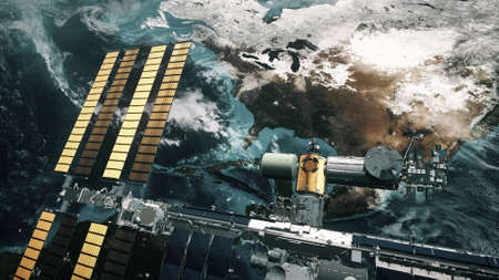 ISS with solar panel revolve over Earth atmosphere. International Space Station orbiting planet. Realistic America continent. 3d animation.の写真素材