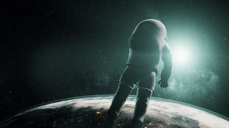 Astronaut against realistic planet Earth Sun flare. Spaceman in open space illuminated mainland. 3d render animation.の写真素材