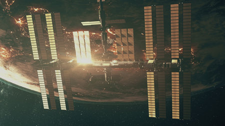 ISS with solar panel flying over Earth atmosphere. International Space Station orbit realistic planet. Science, astronomy concept.の写真素材