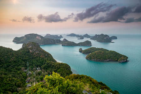 Sunrise Bottle Beach on Phangan Island Thailand Nature Coastline. Asian Exotic Tourist Seashore City, Jungle Forest and Climbs. Wonderful View from Hill on Sea. Bright Panoramic Photographyの写真素材