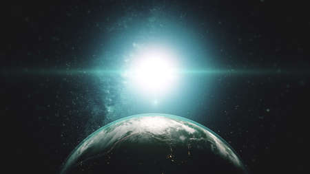 Earth night day transition sunrise world skyline. Realistic planet rotating from space. Sun flare. 3d render animation. Science and technology concept.の写真素材