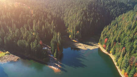 popular calm blue lake among large dense mountain forests of green and brown colours against pictorial hills upper view. Carpathian mountains, Ukraine beauty nature. Travel, summer holidays.の写真素材