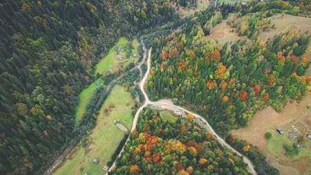 Aerial Drone Flight above autumn mountains with forests, meadows and hills in sunset soft light. Carpathian Mountains, Ukraine, Europe. Majestic nature landscape. Beauty world.の写真素材