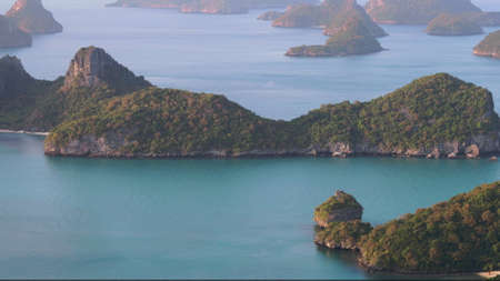 Exotic Ang Thong National Marine Park Landmark. Birds Eye View of Archipelago Group in Gulf. Relaxing Thailand Summertime Vacation. Aerial Shot of Tropical Island.の写真素材
