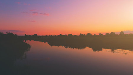 Aerial View: Flight over the Beautiful River and in sunset soft light. Bright colors. Beauty world....