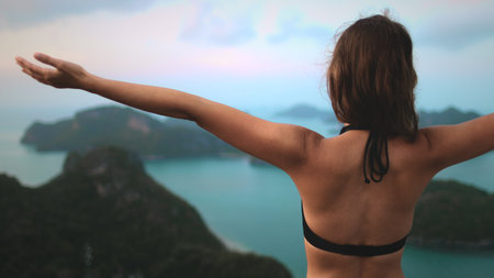 Caucasian Woman at Thailand National Marine Park. Camera Raised Hands Girl in Bikini to Tropical...