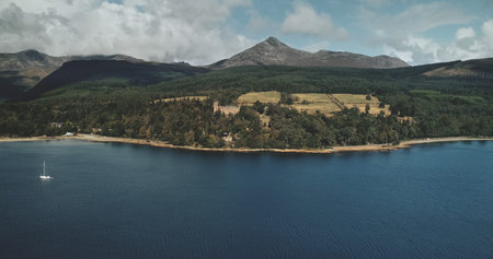 Scotland mountain Goatfell landscape aerial panoramic view at Brodick Harbour, Arran Island....