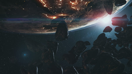 Closeup asteroids at Earth orbit in outer space approach. Spatial sunlight scenery before collision...