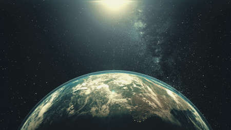 Rotating Earth planet with Sun light. White halo orbits about bright star in space with stars. Outer cosmos, Solar System at starry dark blue sky. Worldwide spacecraft concept in 3d animationの写真素材