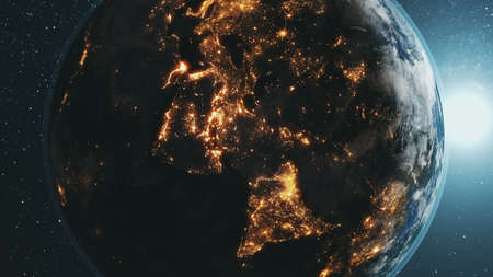 Earth planet orbit with bright sun in dark outer space. Realistic planet of Solar system at star sky background. Illuminated mainlands cities, countries network of world globe. illustrationの写真素材