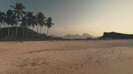 Sand ocean coast with boats, ships and palm trees. People at beach. Tourists summer vacation at paradise tropic resort. Summer cruise on vessels. Nature landscape of El Nido Island, Philippines, Asiaの写真素材