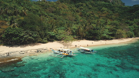 Cliff shore with passenger boats on ocean bay aerial view. Green tropic forest on rocky shore at...