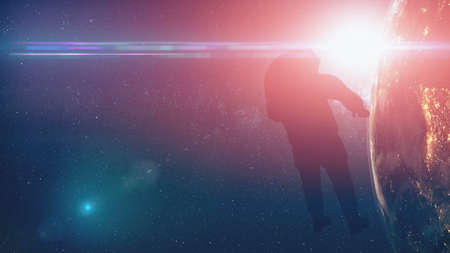 Close-up Earth spaceman researcher at sun light. Solar system planet explorer in modern spacesuit. Outer cosmos spacer closeup. Background 3D animationの写真素材