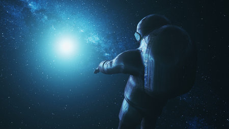 Close-up astronaut in outer space. Cosmos research at far sun light. Solar disk with cosmonaut in...