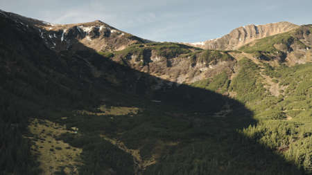 Sun mountain ridges with pine forest aerial. Nobody nature landscape. Green conifer trees on hills at sunlight shadow. Cinematic vacation scenery of Carpathians mount ranges, Ukraine, Europeの写真素材