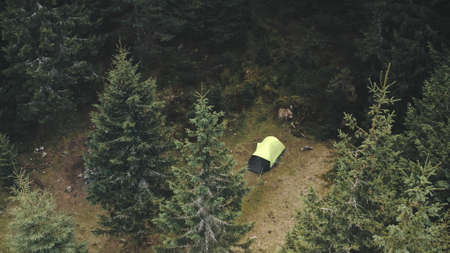 Top down tent camp at spruce forest aerial. Autumn nobody nature landscape. Fir trees at mountain. Tourist relax and recreation. Mountaineering lifestyle. Carpathian, Ukraine, Europe. Travel, tourismの写真素材