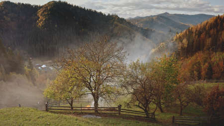 Aerial of haze clouds over mountain village. Fields, grass valley, forest at cottages in smoky fog. Autumn nobody nature landscape. Wild fire concept. Countryside Carpathian mounts, Ukraine, Europeの写真素材