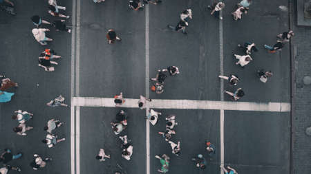 Top down pedestrians crosswalk road aerial. People cross street. Cityscape crossroad. Men, women walking at zebra. Busy town residentes lifestyle. Downtown of Kyiv city, Ukraine, Europeの写真素材