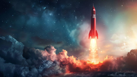 Space rocket flying high in the sky. 3D Rendering.