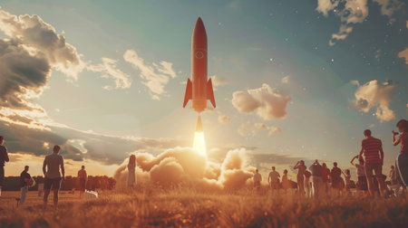 Rocket launch into the sky. 3d render. Concept of business success.の写真素材