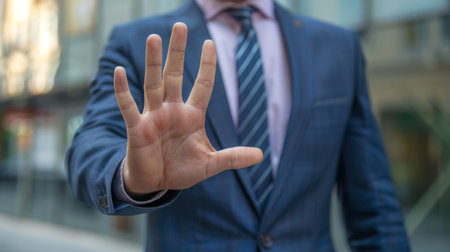 A man dressed in a suit and tie is gesturing with his hand, showing five fingers in a specific formation.の素材