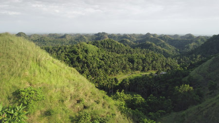 Philippines countryside aerial: mist farmlands with people at hillside valley. Rural ground road near farm admist green tropical grassy mounts. Amazing Filipino lands scape at cloudy day. Soft shotの写真素材
