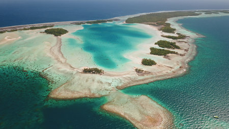French Polynesia, Rangiroa island: Breathtaking aerial view of Rangiroa largest atoll in the Tuamotus. Wild nature travel landscape. Drone flightの写真素材