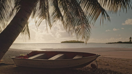 Small boat resting on sandy shores of a tropical beach at sunset, nestled under the shade of a palm tree, while a picturesque island emerges in the distanceの写真素材