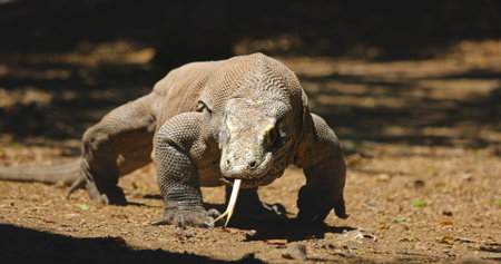 Huge Komodo dragon or Varanus Komodoensis walking in the jungle, flicking its forked tongue, searching for prey with its keen sense of smell in the Komodo national park, Indonesia, Rinca islandの写真素材