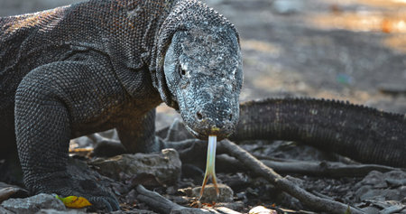 Large Komodo dragon (Varanus Komodoensis) flicking its forked tongue while exploring surroundings in Komodo National Park, Rinca Island, Indonesia, a hotspot for wildlife enthusiastsの写真素材