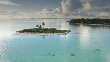 A serene tropical island is surrounded by crystal-clear turquoise waters. Lush green palm trees dot...