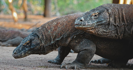 Two Komodo dragons or Varanus Komodoensis couple make mating games ritual, big male rubbing female showing its love. Wild animals natural habitat. Explore Indonesia, Rinca island national parkの写真素材
