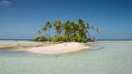 French Polynesia, Rangiroa island: Breathtaking aerial view of pristine tropical island in Rangiroa,...