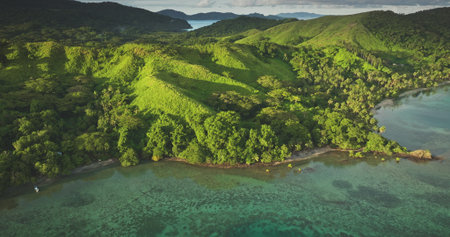 Capturing breathtaking aerial views of a lush tropical island, vibrant green hills contrast with...