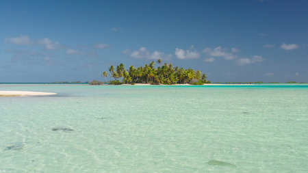 Maldives remote tropical island with lush palm trees surrounded by crystal clear turquoise sea under...