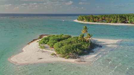 Aerial view captures a small tropical island surrounded by turquoise water. Lush greenery and palm trees dominate the landscape, while white sandy beaches create a serene coastline.の写真素材